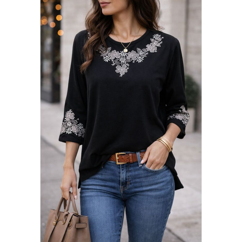 Vintage Bon Worth Black Floral Appliqué Top Sz S 3/4 Sleeve Gray Embroidered